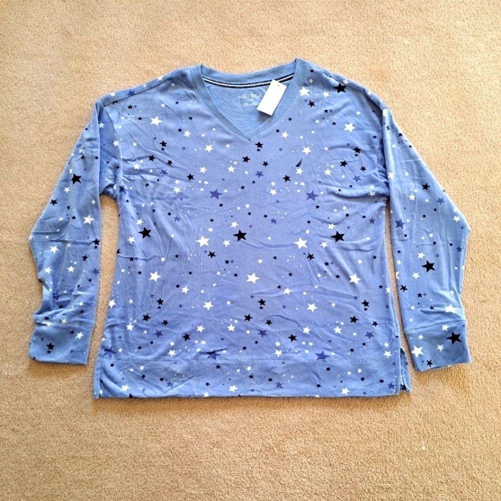 ❤️ Nautica Fleece Pajama Top Womens Medium Blue Stars Print | Top Only